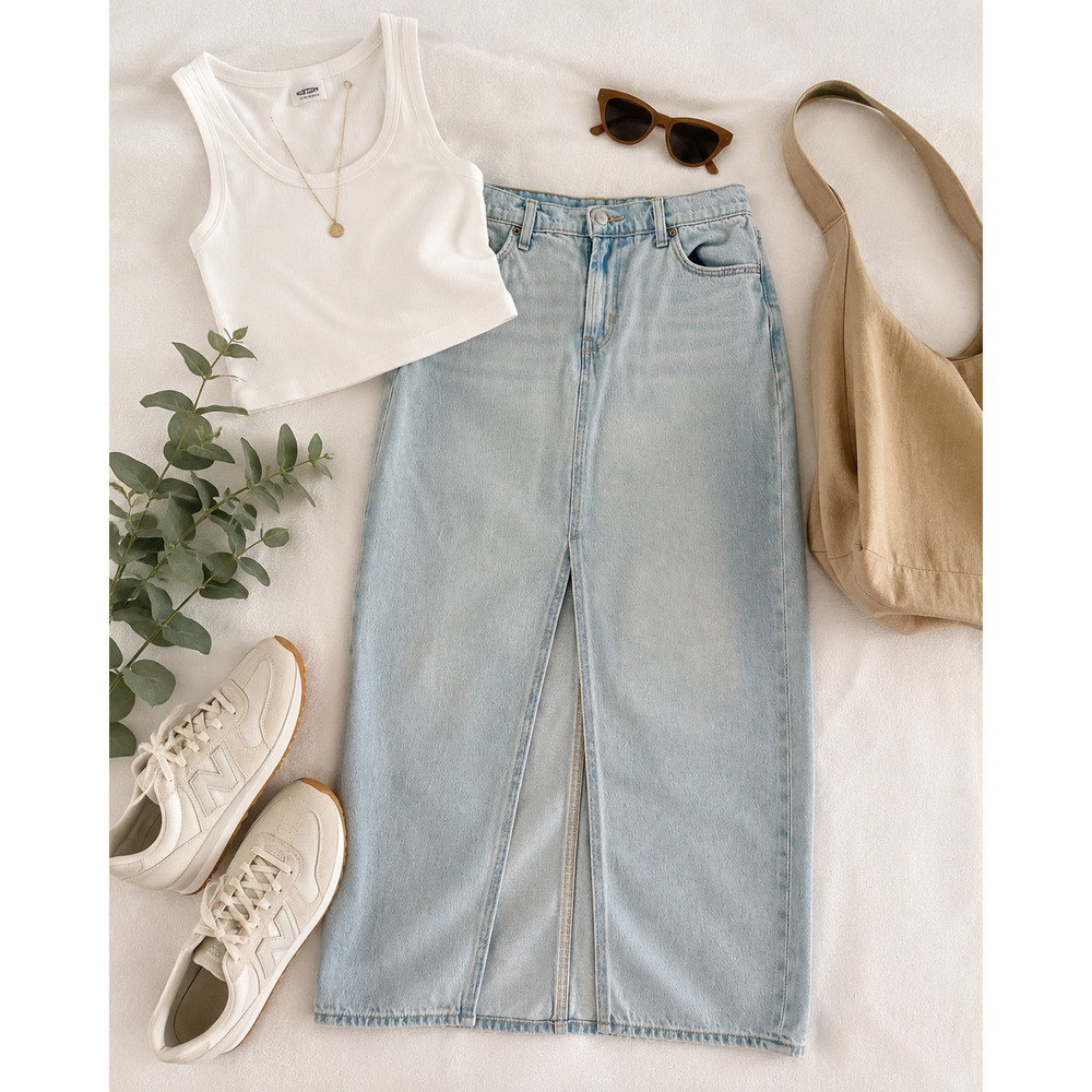 Old Navy Y2K Denim Midi Skirt Size 2 Light Wash High Slit 90s Style